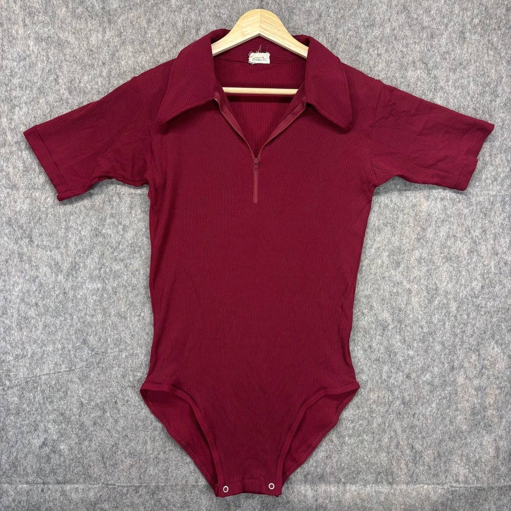 True Vintage Bodysuit Women s Medium 1970s Maroon Red Nylon Stretch Point Collar